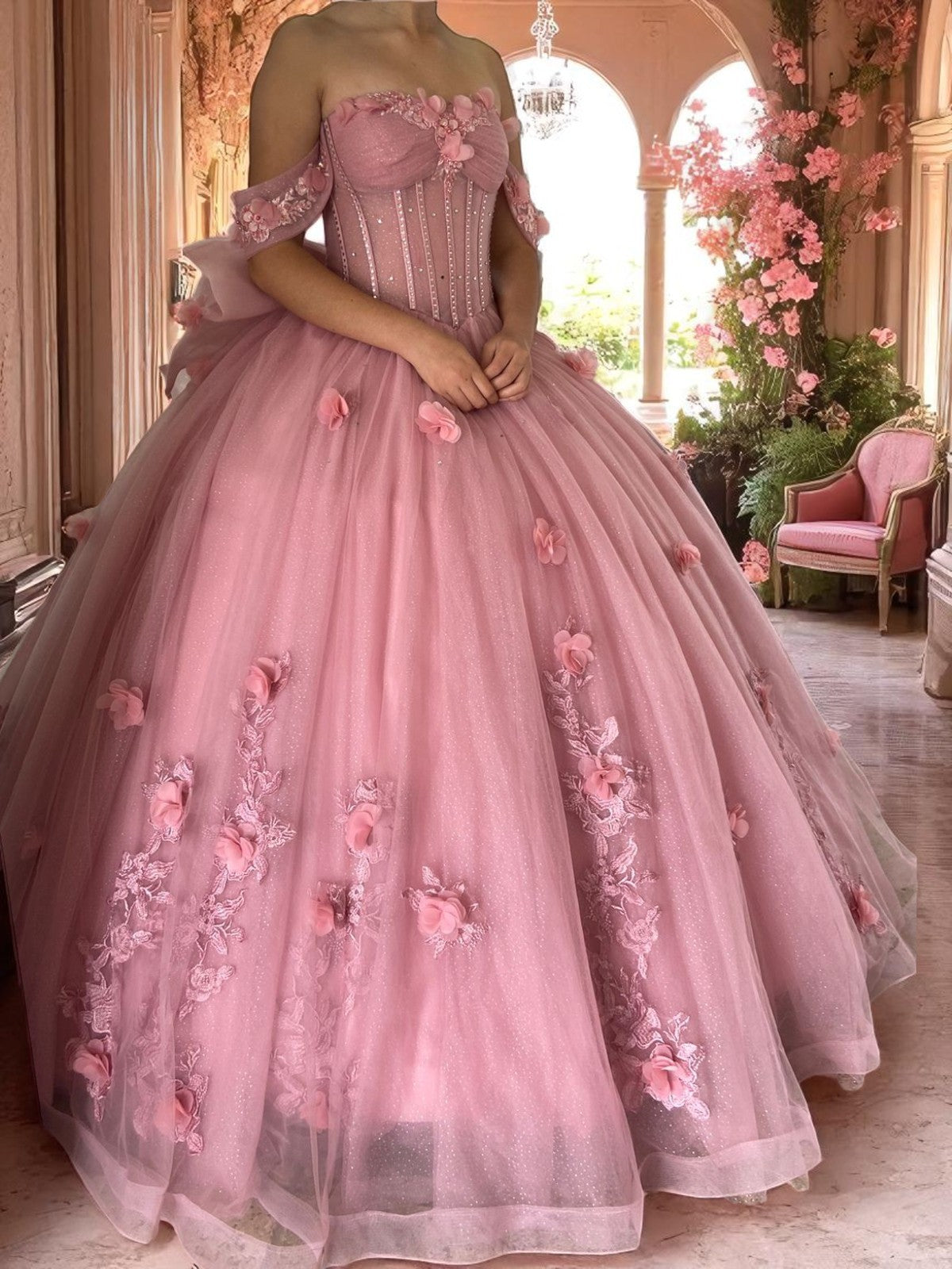 Rose Garden 3D Floral Quinceanera Ball Gown