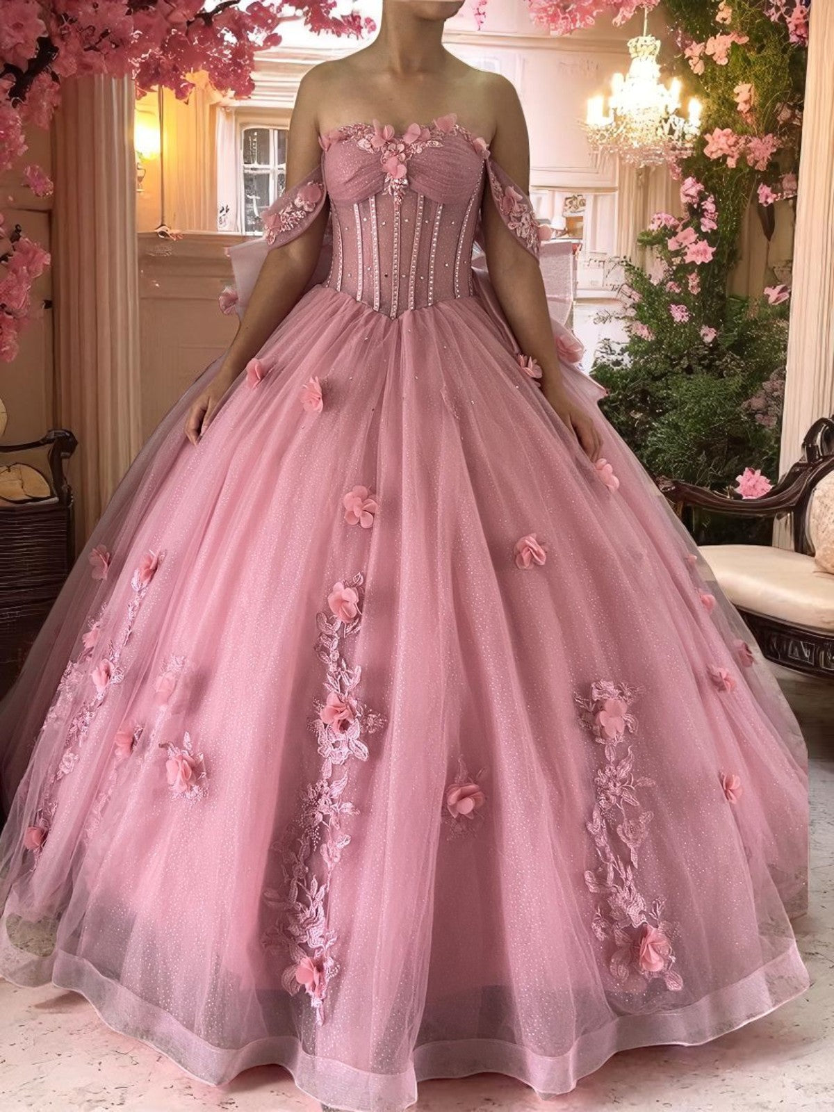 Rose Garden 3D Floral Quinceanera Ball Gown